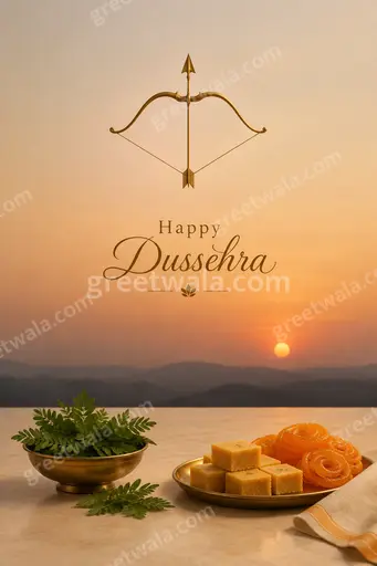 Elegant minimal Dussehra card with Happy Dussehra text, calm golden tones and serene festive grace.