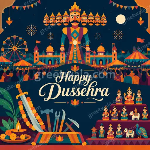 Modern flat vector card displaying Happy Dussehra in festive joyful style with vibrant colors and elegant traditional motifs.