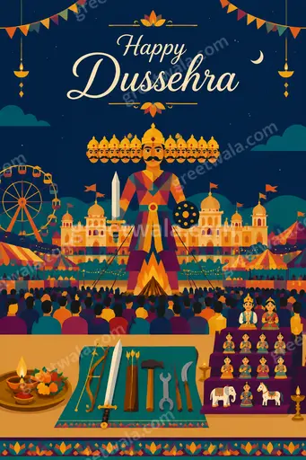 Modern flat vector Dussehra card with festive Ravana silhouette, warm colors, joyful triumphant mood displaying Happy Dussehra greeting.