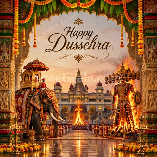 Ornate traditional Dussehra card with rich festive colors, golden motifs and Happy Dussehra greeting in elegant style.