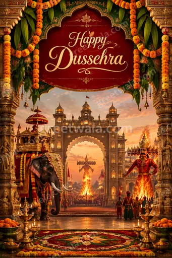 Ornate traditional card featuring Happy Dussehra text amid glowing diyas, marigolds, and golden triumphant festive elegance.