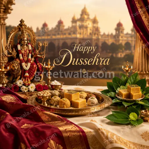 Premium showcase Dussehra card featuring Happy Dussehra in elegant gold lettering amid glowing diyas and regal festive splendor.