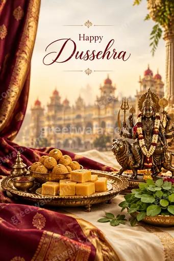 Premium golden Happy Dussehra card with glowing diyas, bow and arrow motif exuding triumphant festive elegance.
