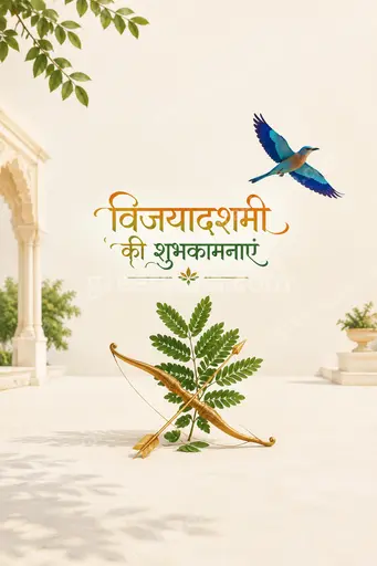 Elegant minimal Dussehra card displaying 'विजयादशमी की शुभकामनाएं' with golden accents, calm festive reverence.