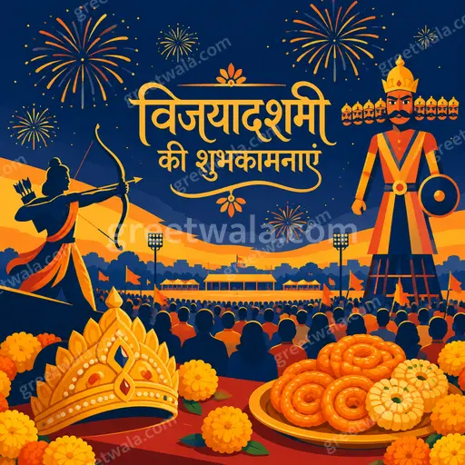 A festive modern flat-vector Dussehra card in royal maroon and gold displaying 'विजयादशमी की शुभकामनाएं' with joyful triumphant mood.