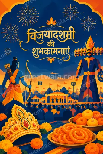 Modern flat vector Dussehra card displaying विजयादशमी की शुभकामनाएं with vibrant festive Ravana effigy, bow, and joyful triumphant mood.