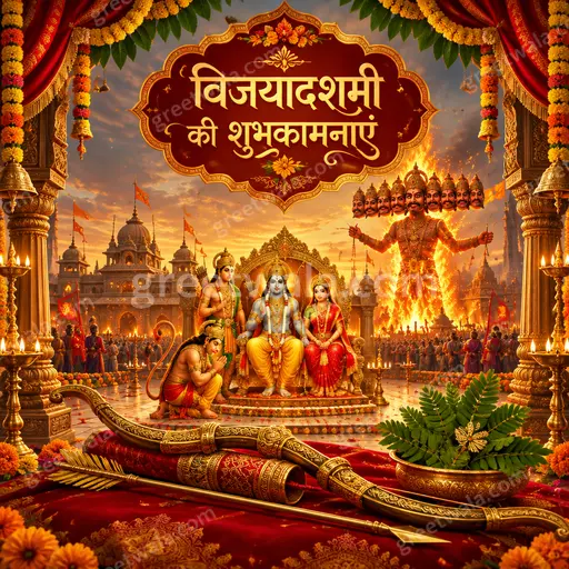 Ornate traditional Dussehra card glowing with golden diyas, marigolds and divine radiance celebrating विजयादशमी की शुभकामनाएं joyfully.