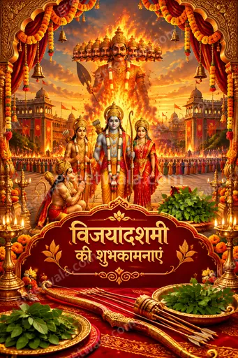 Ornate traditional Hindi Dussehra card displaying 'विजयादशमी की शुभकामनाएं' in golden festive elegant royal style.