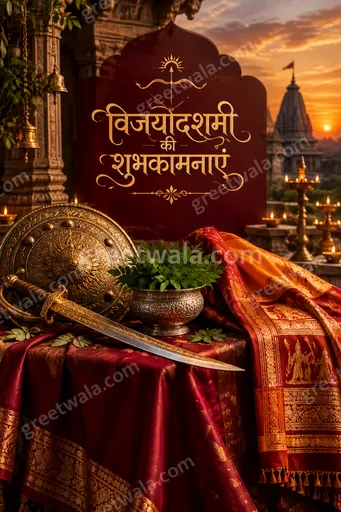 Premium Dussehra card in Hindi radiates royal elegance with golden diyas, maroon silk, and triumphant festive glow.