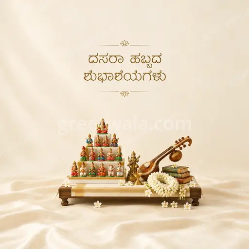 Elegant minimal Dussehra card in warm gold tones displaying ದಸರಾ ಹಬ್ಬದ ಶುಭಾಶಯಗಳು with serene festive grace.