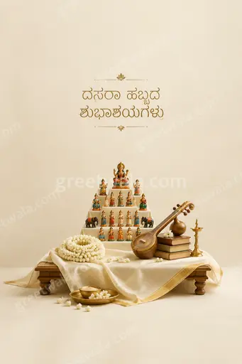 Elegant minimal Dussehra card displaying ದಸರಾ ಹಬ್ಬದ ಶುಭಾಶಯಗಳು with serene golden motifs and calm festive grace.