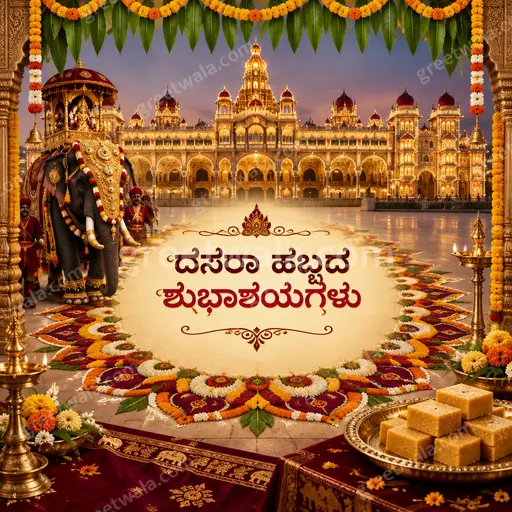 Ornate traditional Dussehra card glowing with festive gold, marigolds and diyas around Kannada greeting ದಸರಾ ಹಬ್ಬದ ಶುಭಾಶಯಗಳು.