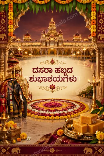 Ornate traditional Dussehra card displaying 'ದಸರಾ ಹಬ್ಬದ ಶುಭಾಶಯಗಳು' with golden motifs, diyas, marigolds, radiating festive warmth.