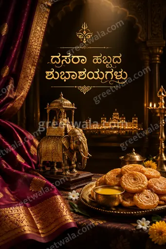Premium royal Dussehra greeting card with glowing diyas, majestic temple silhouette, rich gold and crimson festive elegance.