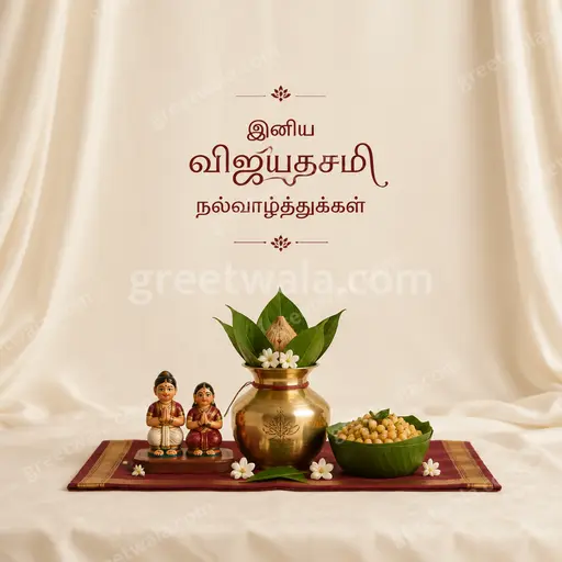 Elegant minimal Dussehra card with soft gold tones, graceful bow motif, and Tamil greeting radiating peaceful festive warmth.