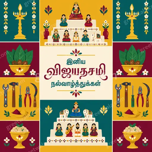 Modern flat vector Dussehra card in festive gold and maroon tones featuring bow, arrows, and Tamil greeting elegantly displayed.