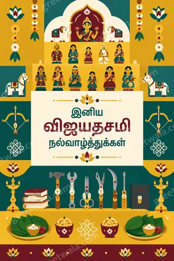 Vibrant modern flat-vector Dussehra card displaying 'இனிய விஜயதசமி நல்வாழ்த்துக்கள்' with diyas, marigolds, bows in joyful auspicious style.