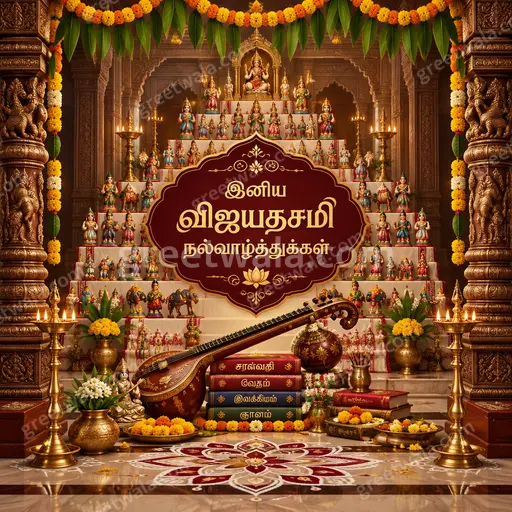 Ornate traditional Tamil Dussehra card with golden diyas, marigolds and divine glow, conveying auspicious festive joy and blessings.