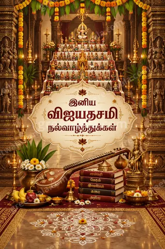 Ornate traditional Tamil Dussehra card with golden motifs, diyas, flowers, radiating festive divine auspicious joyful mood.