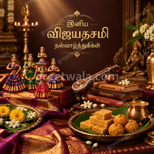 Premium Dussehra card glowing with golden temple lamps, divine Warrior Goddess, and Tamil greeting in elegant festive grandeur.