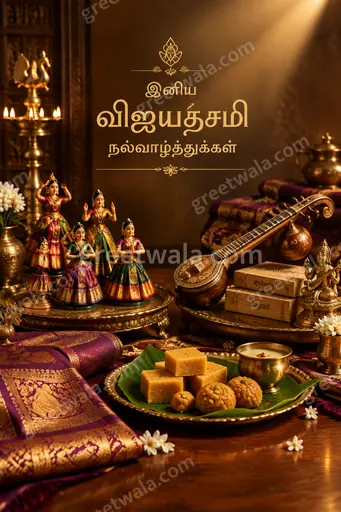 Majestic festive Tamil Dussehra card with golden temple silhouettes, glowing diyas, and elegant traditional ornamental details.