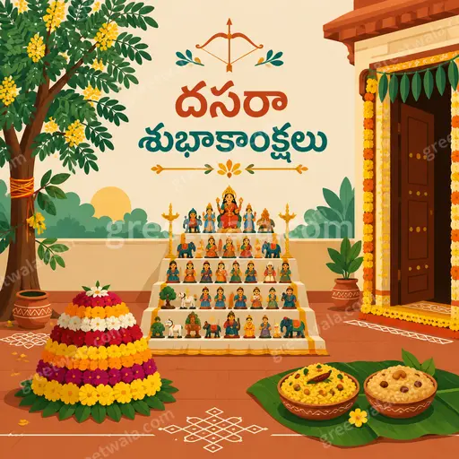 Modern flat vector Dussehra card glowing with festive warmth, featuring Telugu greeting దసరా శుభాకాంక్షలు in elegant style.