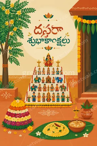 Modern flat vector Dussehra card with festive royal motifs glowing warmly around Telugu text దసరా శుభాకాంక్షలు.
