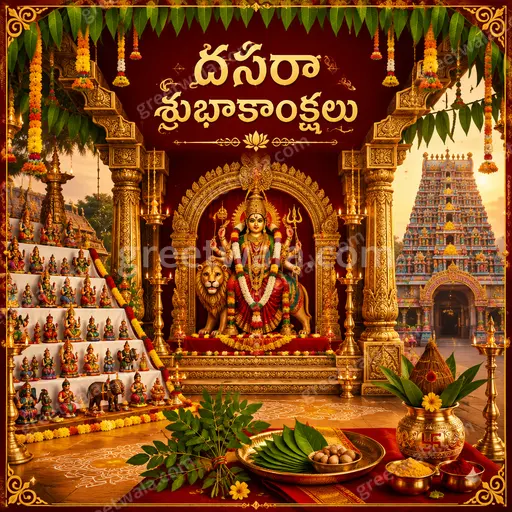 Ornate traditional Dussehra card glowing with festive gold, marigolds, diyas, and Telugu greeting దసరా శుభాకాంక్షలు in elegant script.
