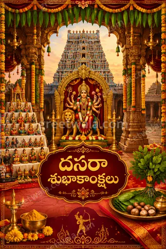 Ornate traditional Dussehra card with golden festive motifs and warm celebratory mood displaying దసరా శుభాకాంక్షలు elegantly.