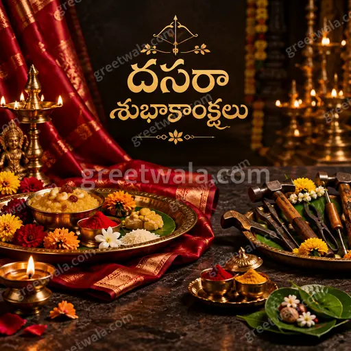 Premium Telugu Dussehra showcase card displaying దసరా శుభాకాంక్షలు with majestic golden festive royal elegance.