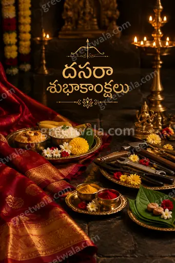 Premium Telugu Dussehra showcase card with majestic festive glow, gold accents, diyas and joyful blessings.