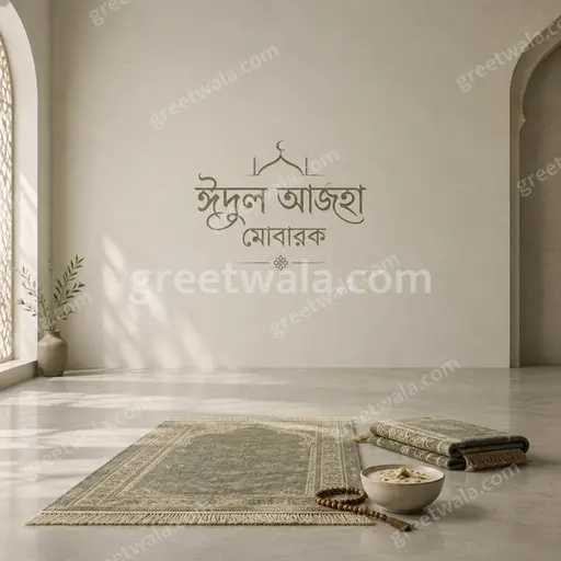 Elegant minimal Eid al-Adha card displaying ঈদুল আজহা মোবারক with serene crescent motifs and soft festive glow.