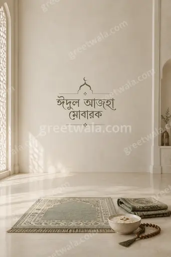 Elegant minimal Eid al-Adha card with serene crescent motif, soft gold tones, and Bengali greeting ঈদুল আজহা মোবারক centered gracefully.