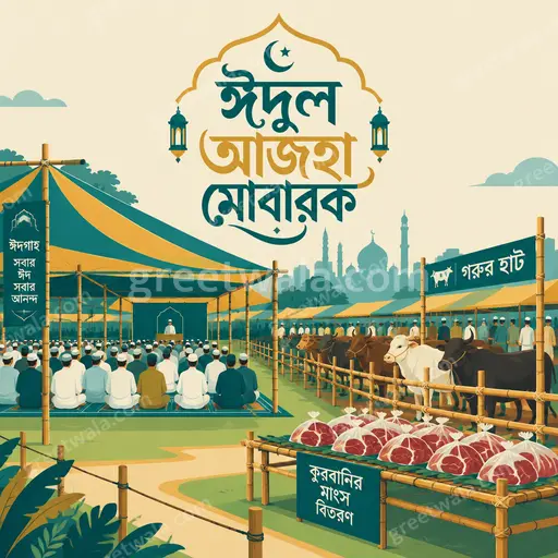 Modern flat vector Eid al-Adha card featuring Bengali ঈদুল আজহা মোবারক text with crescent, mosque silhouette, warm festive tones.