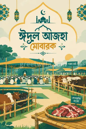 Modern flat vector Eid al-Adha card displaying ঈদুল আজহা মোবারক with serene crescent, mosque silhouette and festive warm tones.