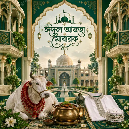 Ornate traditional Eid al-Adha card with golden mosque silhouette, crescent, lanterns and Bengali Eid greeting in elegant style.