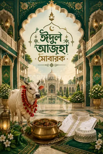 Ornate traditional Eid al-Adha card with golden Islamic patterns, glowing lanterns, and Bengali Eid greeting on deep green background.