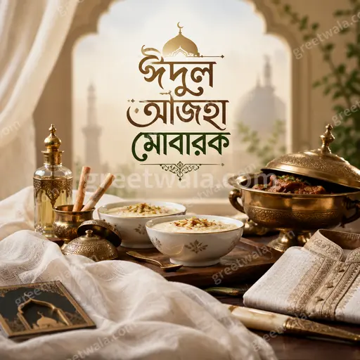 Premium emerald and gold Eid al-Adha card displaying 'ঈদুল আজহা মোবারক' with glowing lanterns, crescent moon and festive elegance.