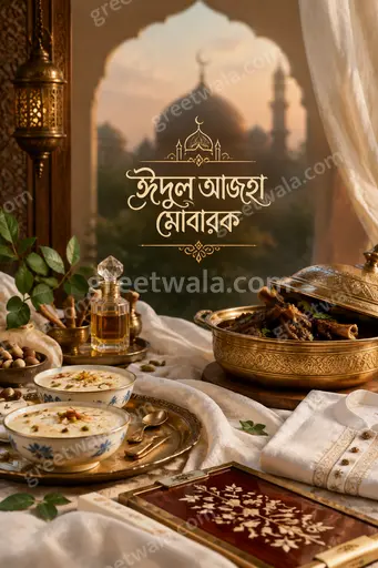 Premium Bengali Eid al-Adha showcase card displaying ঈদুল আজহা মোবারক in elegant festive Islamic luxury style.