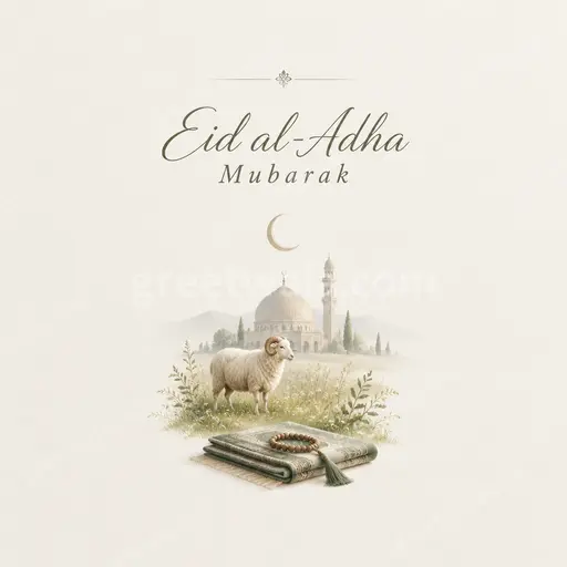 Elegant minimal Eid al-Adha Mubarak card with serene crescent motifs in soft gold and ivory tones.