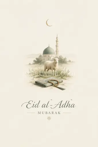 Elegant minimal card with serene crescent motif and soft gold tones conveying peaceful Eid al-Adha Mubarak blessings.