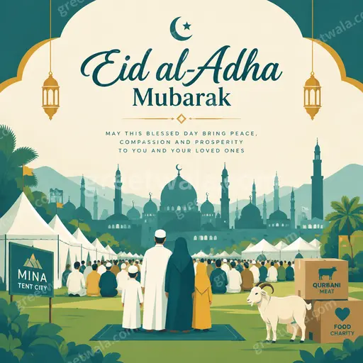 Modern flat vector Eid al-Adha card displaying Eid al-Adha Mubarak with warm festive crescent, mosque, and lantern motifs.