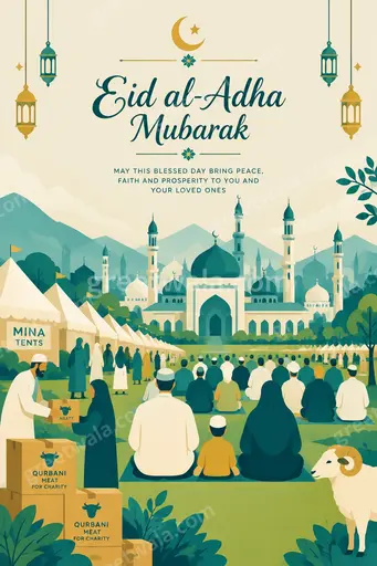 Modern flat vector Eid al-Adha card with warm festive crescent, mosque silhouettes and elegant 'Eid al-Adha Mubarak' greeting.