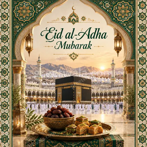 Ornate traditional Eid al-Adha card with golden Islamic motifs radiating warm festive reverence wishing Eid al-Adha Mubarak.