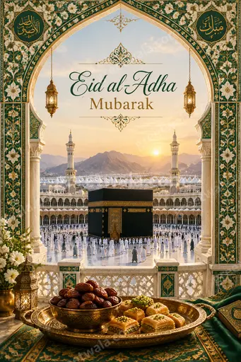 Ornate traditional Eid al-Adha card with golden Islamic patterns radiating reverent festive warmth wishing Eid al-Adha Mubarak.