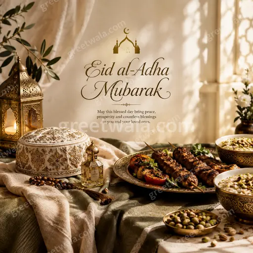 Elegant emerald and gold Eid al-Adha Mubarak card with crescent, mosque silhouette, glowing lanterns and festive warmth.