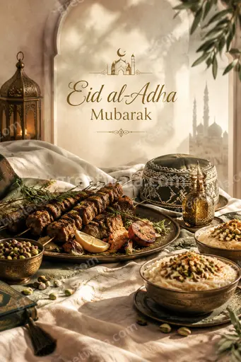 Elegant midnight-blue Eid al-Adha Mubarak card with glowing crescent, mosque silhouette, and golden festive warmth.