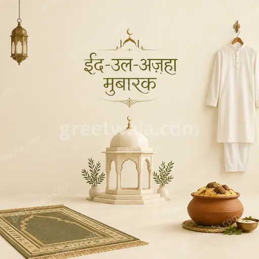 Elegant minimal Eid al-Adha card displaying 'ईद-उल-अज़हा मुबारक' with serene crescent motifs and soft golden tones.