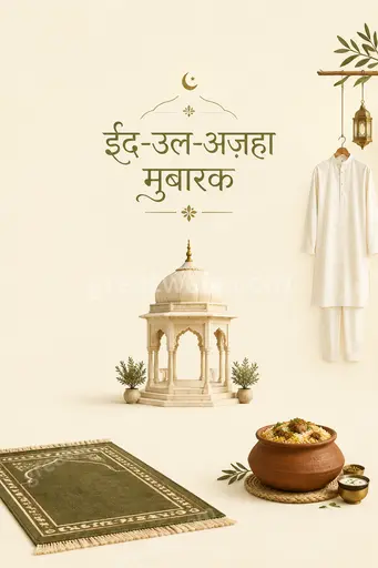 Elegant minimal cream card with golden crescent, soft lights, and Hindi greeting ईद-उल-अज़हा मुबारक in graceful script.