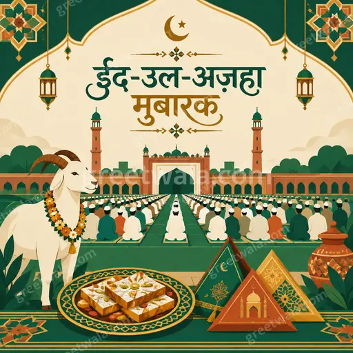 Modern flat vector Eid al-Adha card in Hindi displaying 'ईद-उल-अज़हा मुबारक' with serene festive crescent, mosque, warm tones.